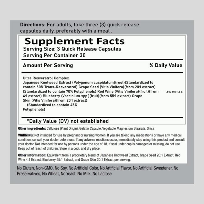 Resveratrol Complex, 1800 mg (per serving), 90 Quick Release Capsules - Image 2