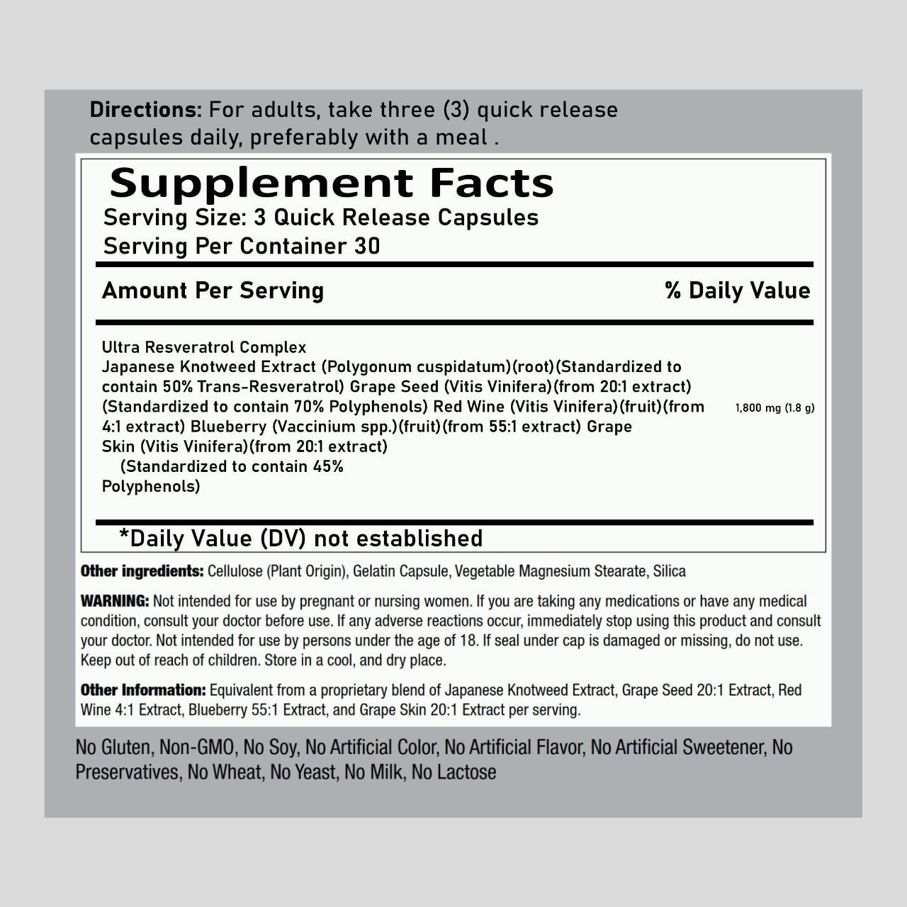 Resveratrol Complex, 1800 mg (per serving), 90 Quick Release Capsules - Image 2