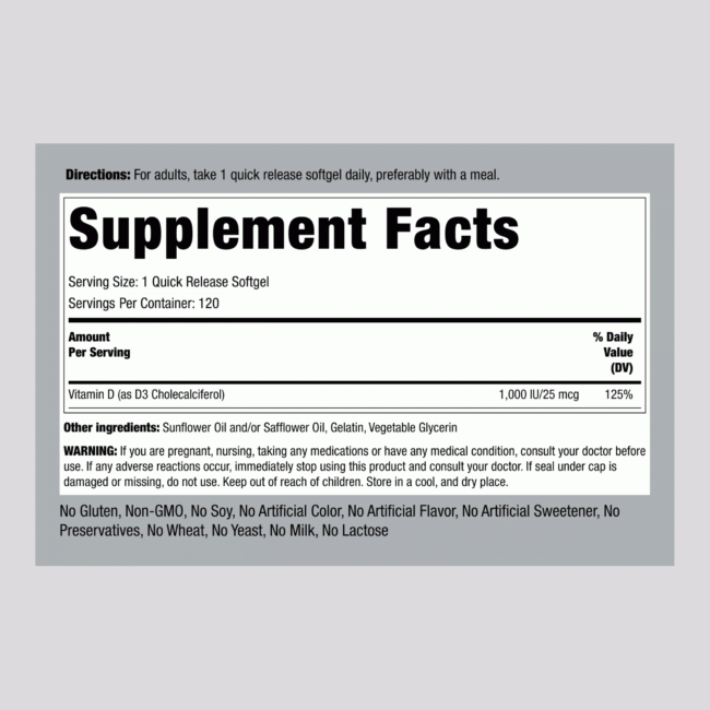 High Potency Vitamin D3, 1000 IU, 120 Quick Release Softgels - Image 2