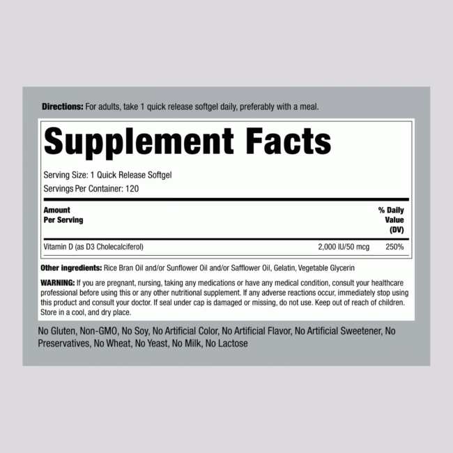 High Potency Vitamin D3, 2000 IU, 120 Quick Release Softgels - Image 2