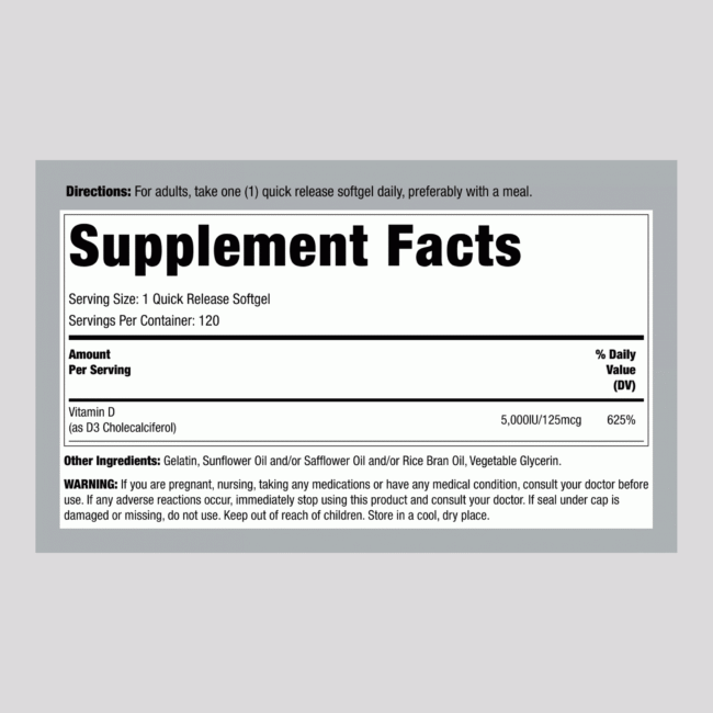 High Potency Vitamin D3, 5000 IU, 120 Quick Release Softgels - Image 2