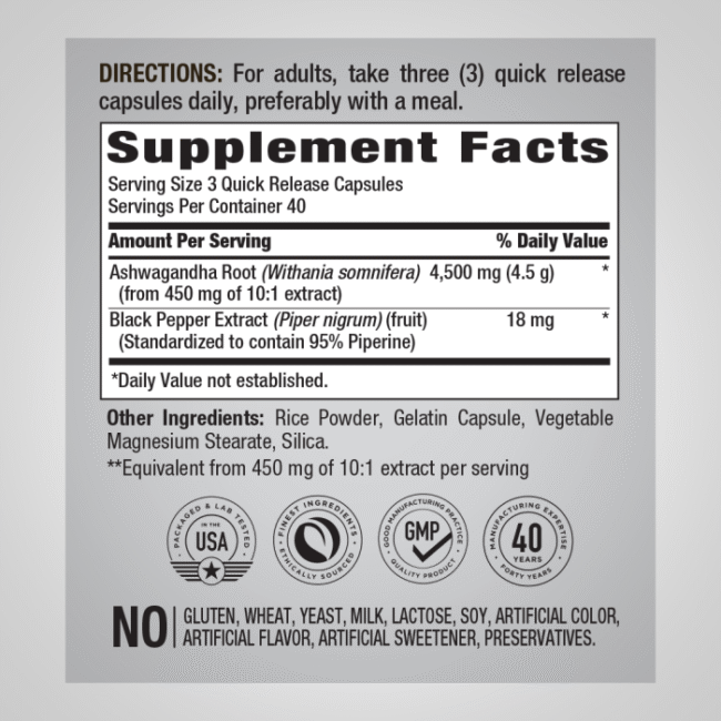 Ashwagandha, 4500 mg (per serving), 120 Quick Release Capsules - Image 2