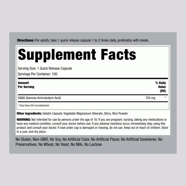 GABA (Gamma-Aminobutyric Acid), 750 mg, 100 Quick Release Capsules - Image 2