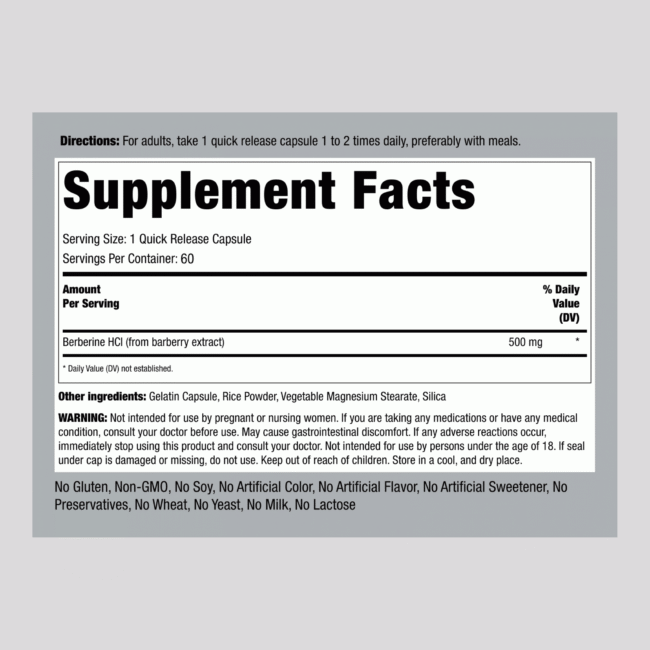 Berberine HCL, 500 mg, 60 Quick Release Capsules - Image 2