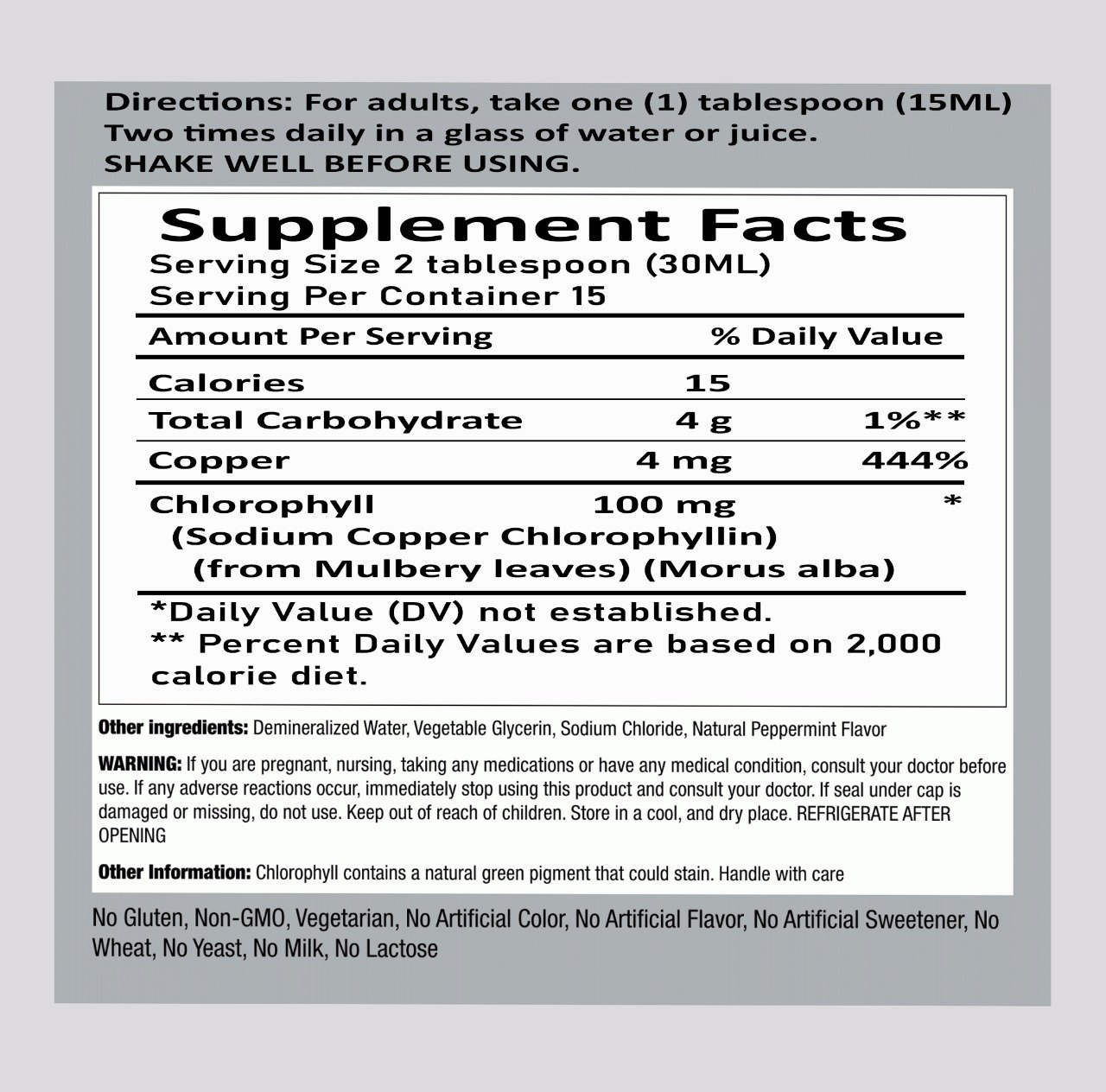 Liquid Chlorophyll (Natural Peppermint), 100 mg (per serving), 15.22 fl oz (450mL) Bottle - Image 2