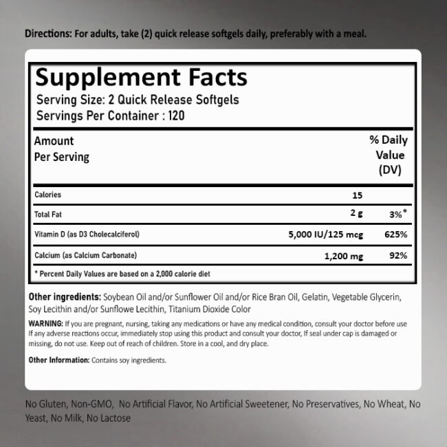 Absorbable Calcium 1200 mg Plus D3 5000 IU (per serving), 120 Quick Release Softgels - Image 2