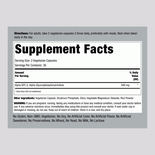 Alpha GPC, 600 mg (per serving), 60 Vegetarian Capsules - Image 2
