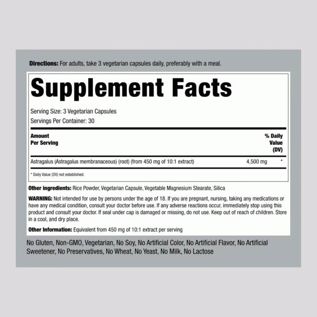 Astragalus Root, 4500 mg (per serving), 90 Vegetarian Capsules - Image 2
