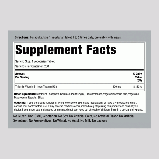 B-1 (Thiamin), 100 mg, 250 Vegetarian Tablets - Image 2
