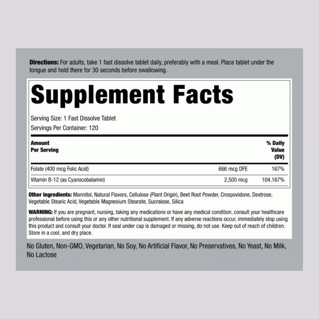 B12 2500 mcg + Folic Acid 400 mcg, 120 Fast Dissolve Tablets - Image 2