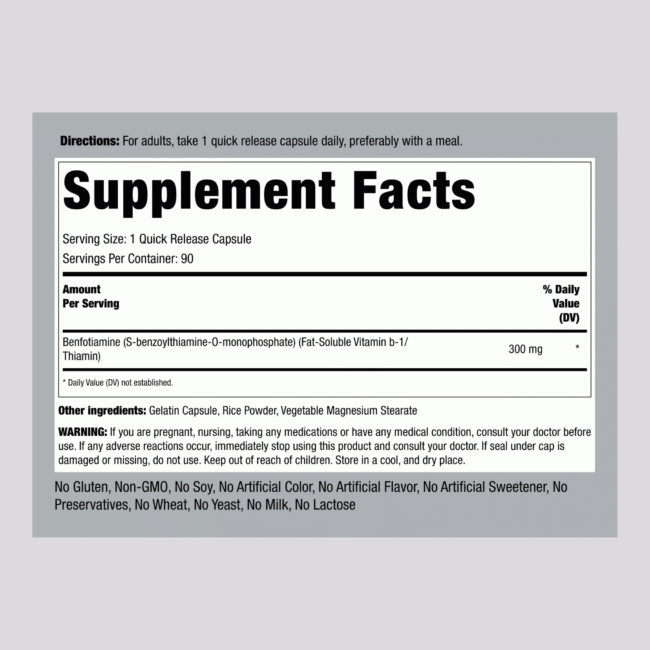 Benfotiamine (Fat Soluble Vitamin B-1), 300 mg, 90 Quick Release Capsules - Image 2