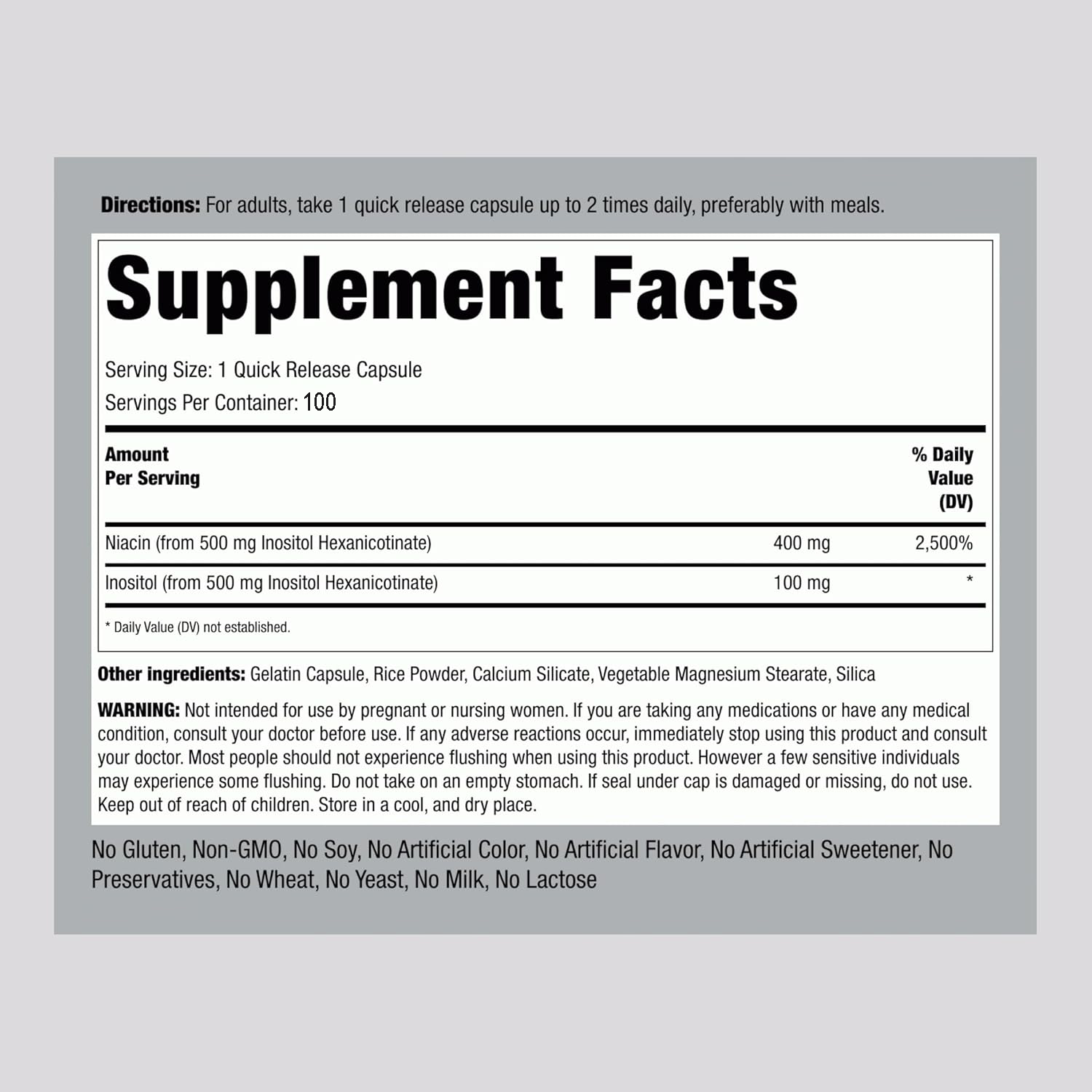 Flush Free Niacin, 500 mg, 100 Quick Release Capsules - Image 2