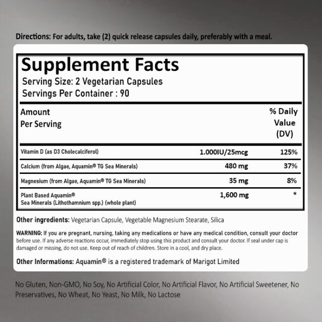 Red Mineral Algae (Aquamin Plant Based Calcium), 180 Vegetarian Capsules - Image 2