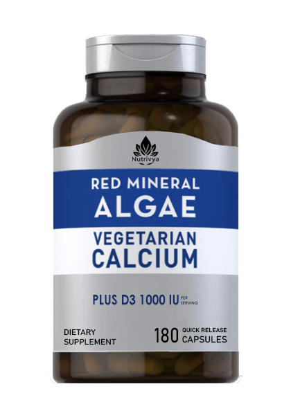 Nutrivya Red Mineral Algae Aquamin Plant Based Calcium 180 Veggie Capsules Bottle