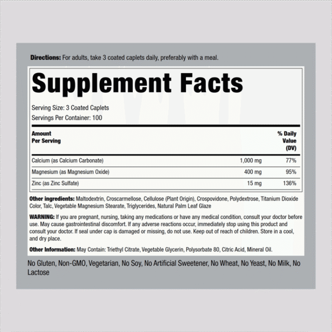Calcium Magnesium Zinc (Cal 1000mg/Mag 400mg/Zn 15mg) (per serving), 300 Coated Caplets - Image 2