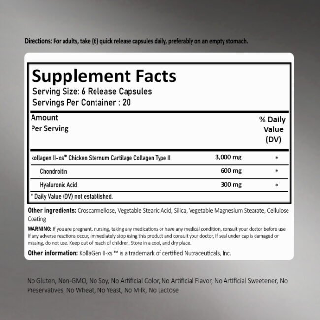 Chicken Sternum Collagen Type II, 3000 mg (per serving), 120 Quick Release Capsules - Image 2