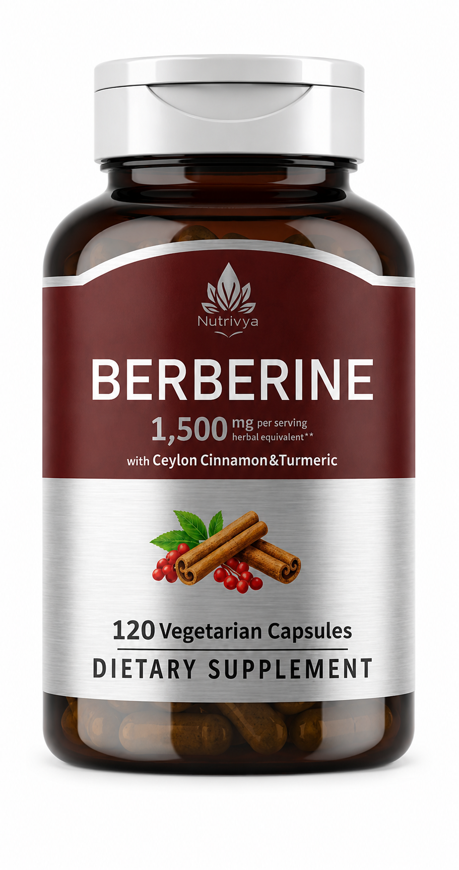“Nutrivya Berberine 1500mg with Ceylon Cinnamon & Turmeric – 120 Veggie Capsules Bottle”